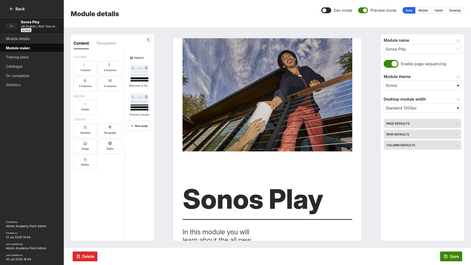 A screenshot of a module building tool, showing various drag and drop components. The module is for the Sonos Play product, and shows a man reaching over a barrier to pass the Sonos product to somebody else.
