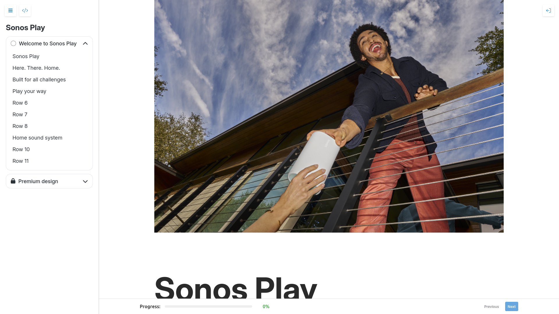 A screenshot of a training modulel for the Sonos Play product. It shows a man reaching over a barrier to pass the Sonos product to somebody else. There is a progress tracker on the left side of the page.