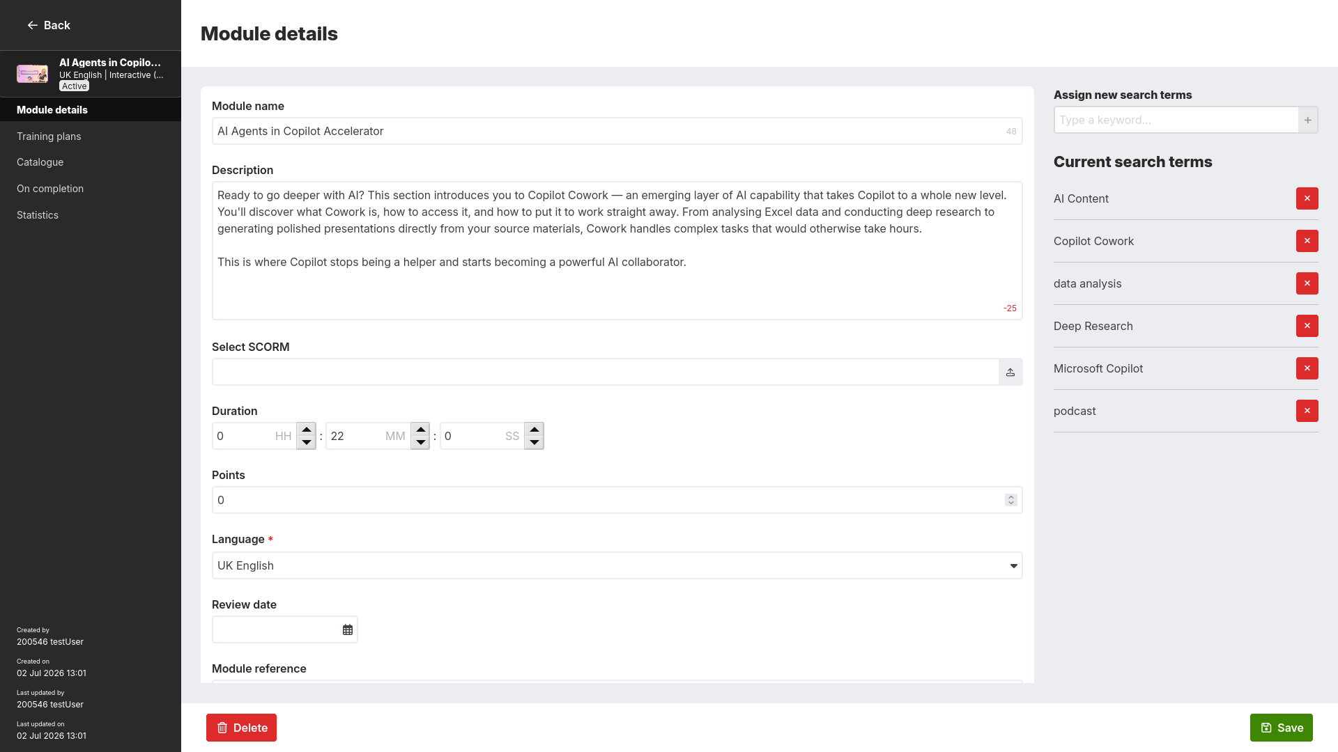A screenshot of a module settings page. Showing various details about a Sonos Play training module inside the Sonos LMS.