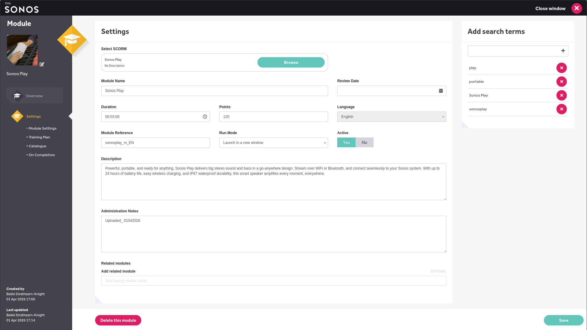 A screenshot of a module settings page. Showing various details about a Sonos Play training module inside the Sonos LMS.
